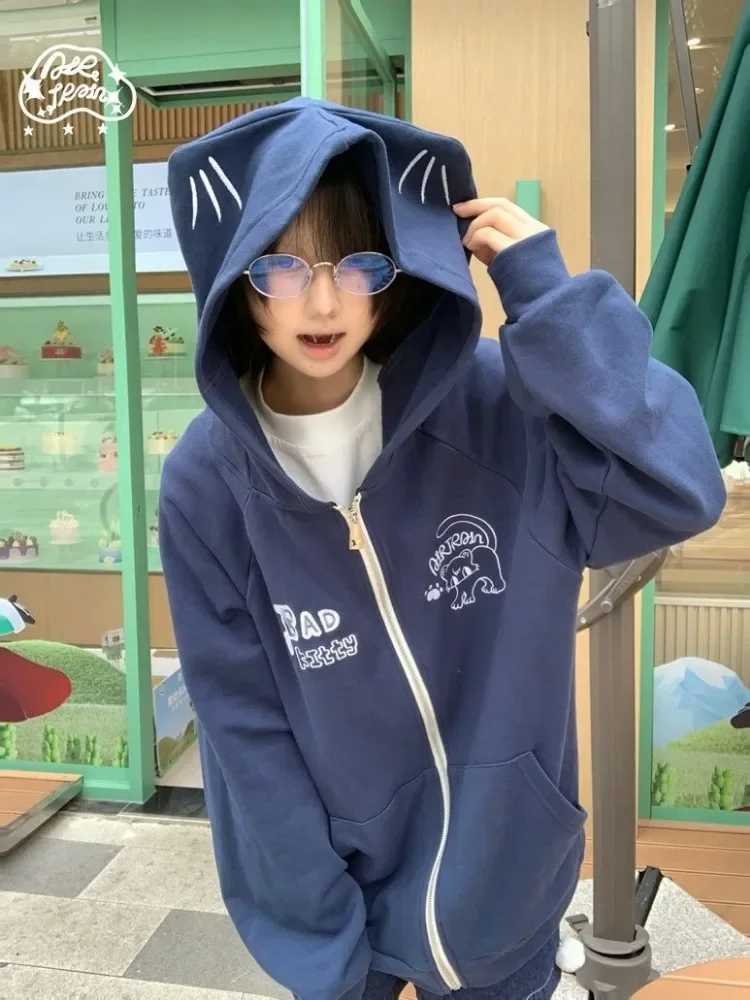 Фото Deeptown Harajuku толстовки в японском стиле женские Y2k Kawaii Лолита пальто на молнии большие размеры милые аниме толстовки с вышивкой повседневные №5