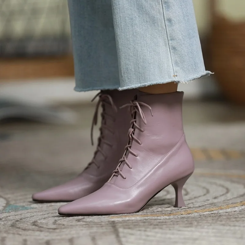 

Pointed Toe Woman Ankle BootsThin Heel Shoes Lace-Up Winter Boots Korea Style Women Shoes On Heel 6.5 CM Cowhide Ladies Shoes