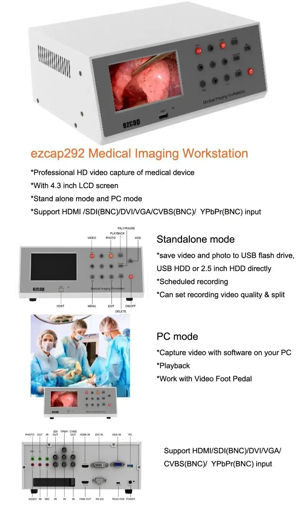 Фото Медицинская рабочая станция Ezcap292 для видеозаписи: SDI, YPbPr, CVBS, DVI, VGA, HDMI. Запись видео на USB-накопитель или USB3.0 для ПК. №3
