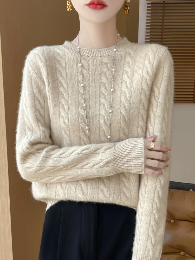 2024 осенне-зимний женский свитер с круглым вырезом витой 00% чистый горный пуловер