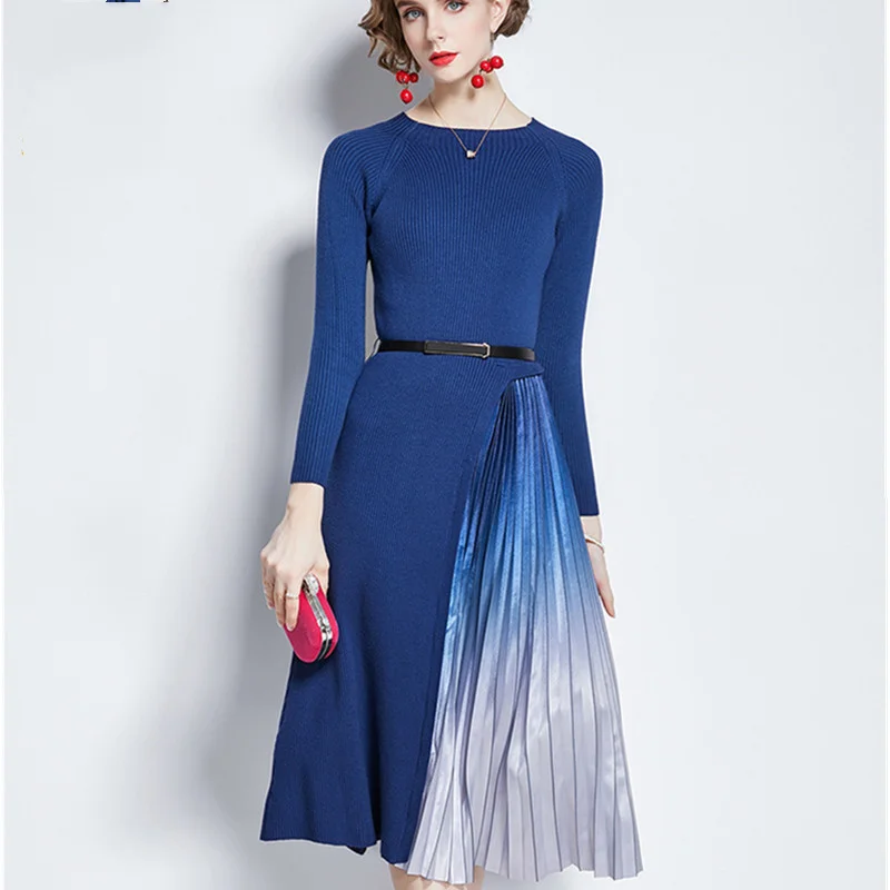 

2022 Spring Fall Round Neck Long Sleeve Stretch Knitted Dress with Belt Patchwork Gradient Pleated Office Sweater Dresses Women