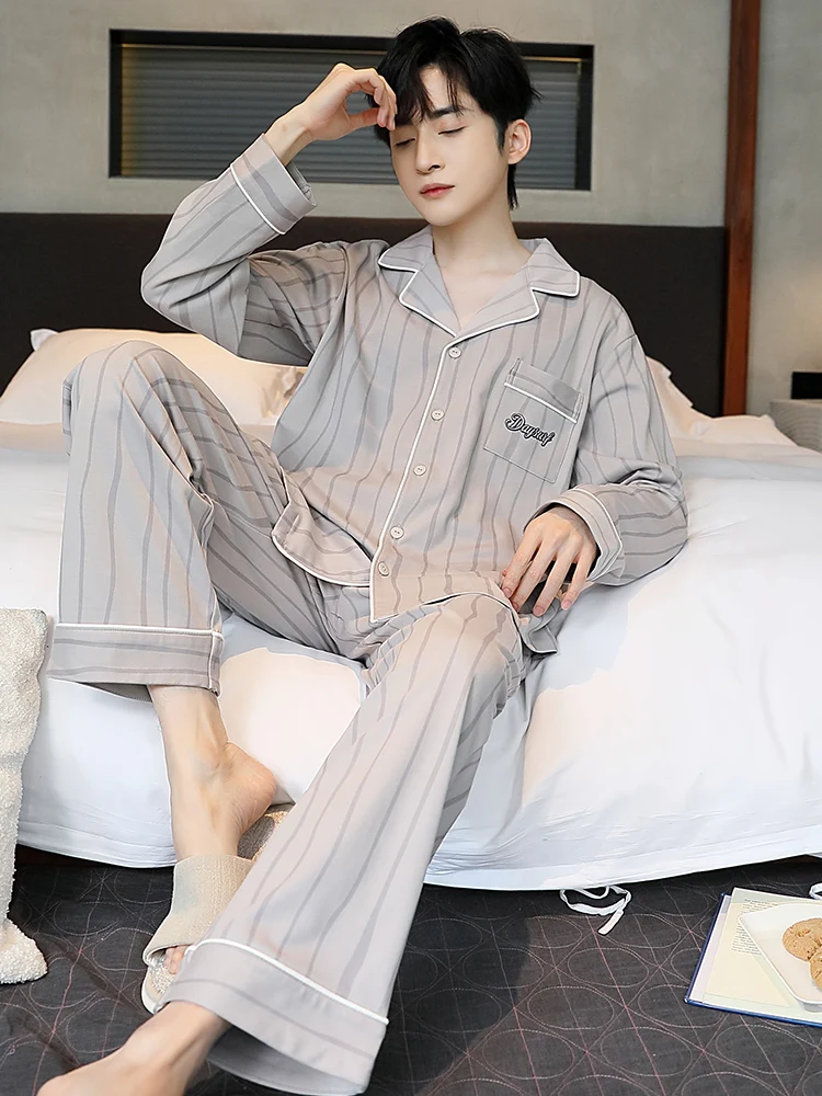 2024 New Pajamas Men's Spring and Autumn Cotton Long sleeve Pants Loose Simple Winter Home Wear Set