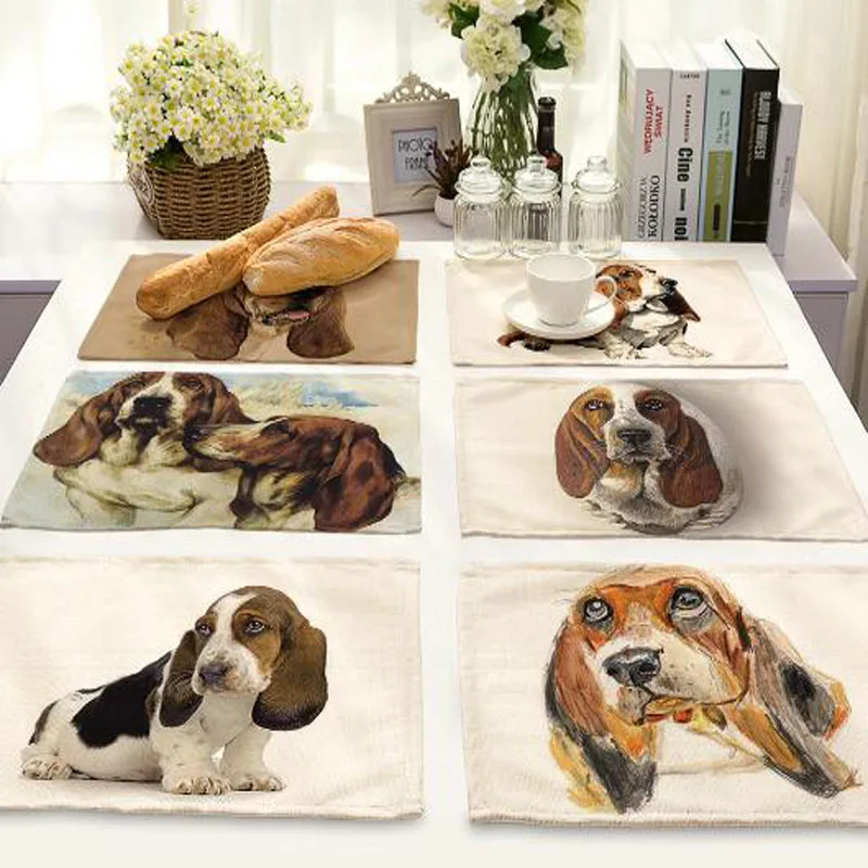 

Popular Natural Jute Burlap Pet dogs Printed place table mat cloth dish coaster pad cup doily Christmas wedding party Placemats