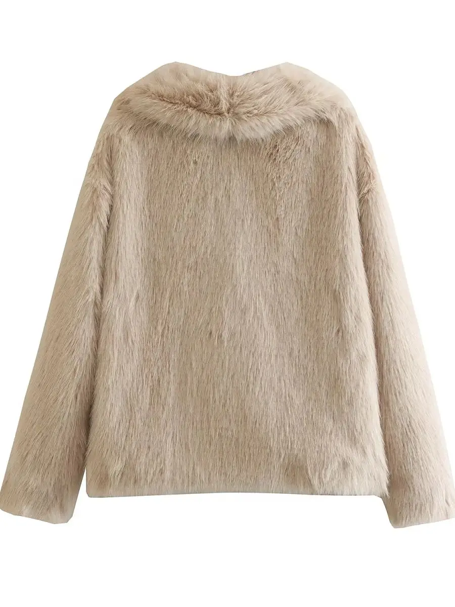 Spring And Autumn Women's Beige And White Fake Fur Lapel Long Sleeve Loose Jacket Warm Fashion High Street Style
