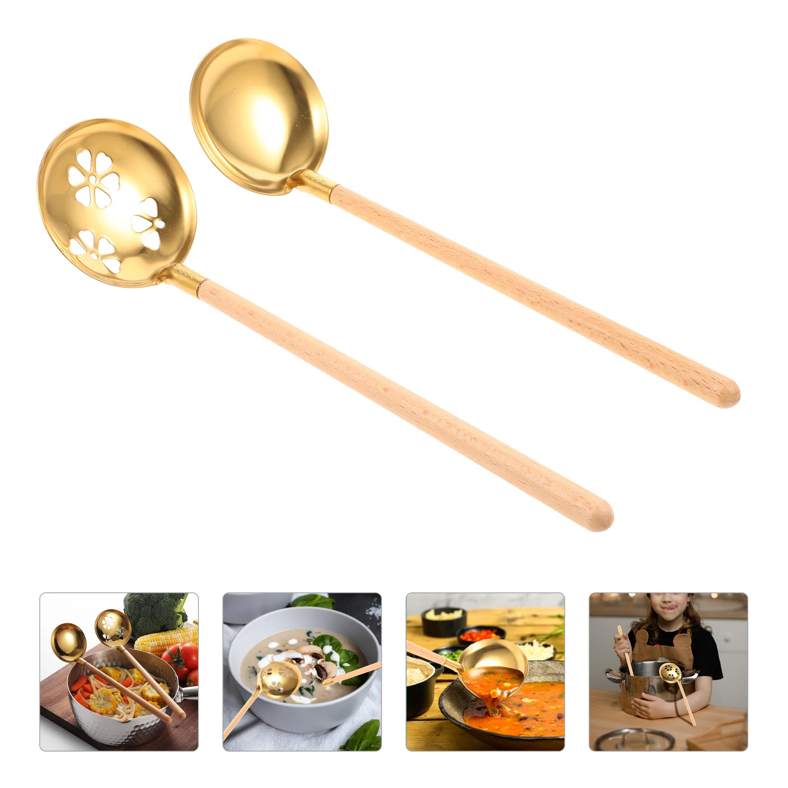 

Spoon Soup Ladle Metal Serving Slotted Handlestirringwooden Mixing Wood Cooking Stainless Steel Ramen Japanese Spoons Strainer