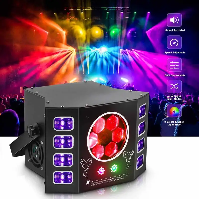New DJ Disco LED 4IN1 Stage Laser Light Effect Bee Eye UV Black Light Strobe Party Wedding Holiday Event Sound Activated Lamp