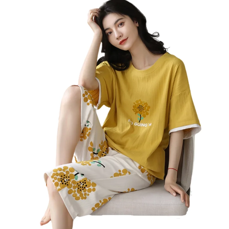 

Комплекты мультяшной пижамы Размер трикотажные брюки Женская хлопковая ночная рубашка до щиколотки Домашняя одежда летняя одежда для сна