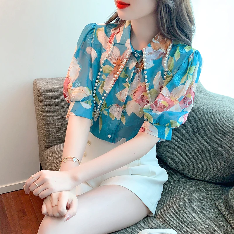

Shirt Women Summer 2023 New Floral Printed Blouses Slim Fit Short Puff Sleeves Top Casual Turn-down Collar Beaded YCMYUNYAN