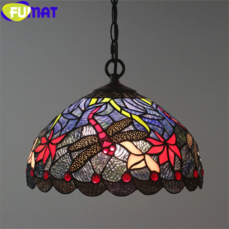 

FUMAT Tiffany Dragonfly Stained Glass Pendant Lamp Yellow Blue Rose Gemstone Lampshade Handicraft Arts Home Decor Light Lamps