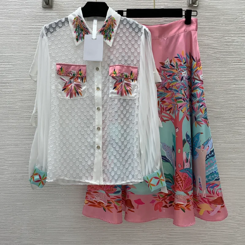 

2022 women's suit fashion diamond trim slim shirt women's top + temperament forest leaf print high waist slim skirt women's suit