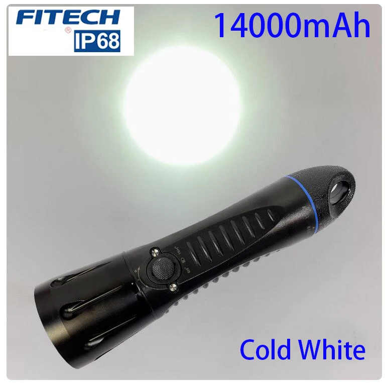 Фото Фонарик для подводного плавания Fitech F13, встроенный аккумулятор емкостью 14000 мАч, длительное время использования, перезаряжаемый, 1000 люмен, светодиодный водонепроницаемый фонарик, черный №1