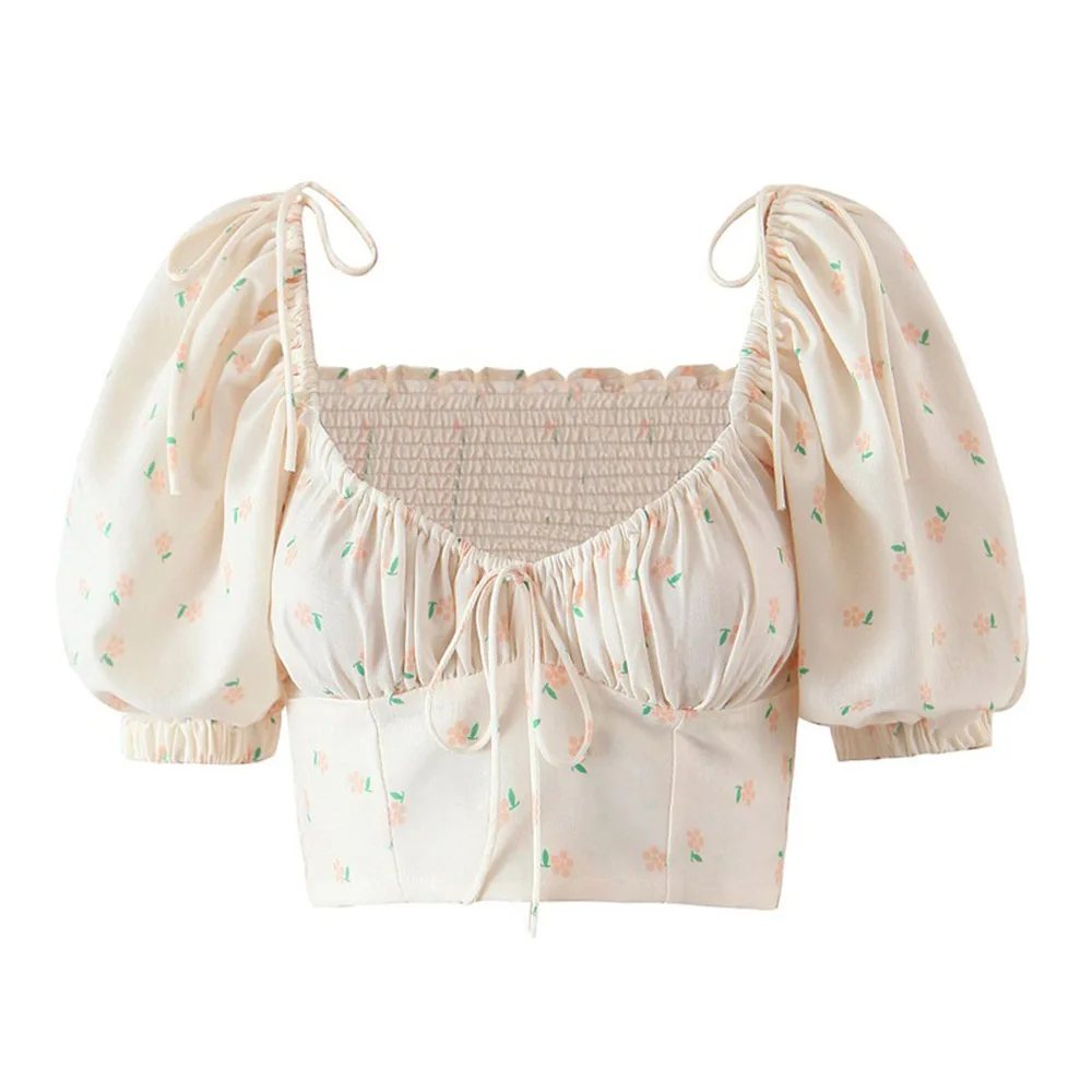 

Summer Women Blouse Short Sleeve V-Neck Pullover Micro-Elastic Sweet Floral Pleated Patchwork Button Polyester Slim Blouse