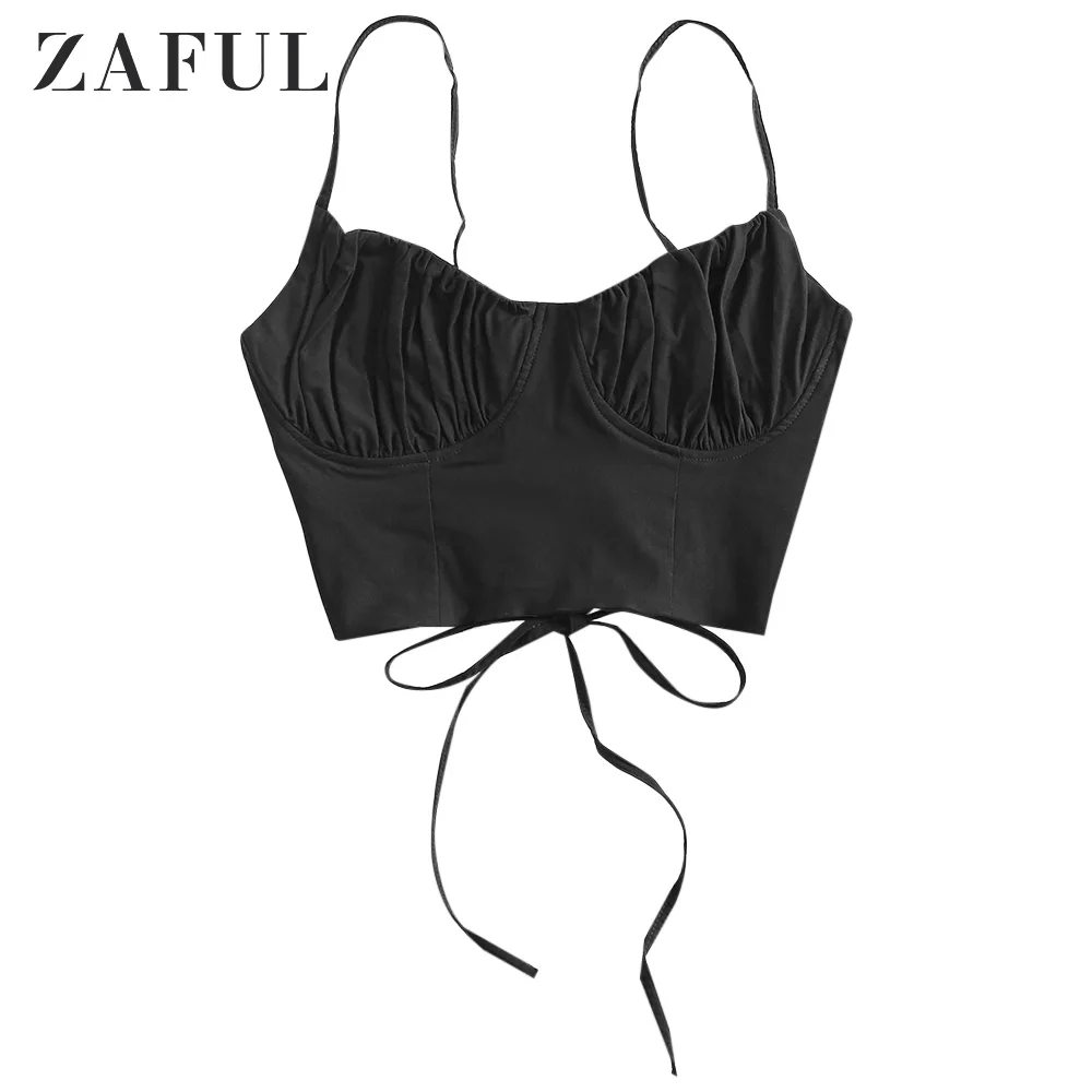 

ZAFUL Ruched Lace-up Cropped Cami Top Women Solid Spaghetti Strap Tanks Bra Vest Bralette Sexy Party Club Outfits
