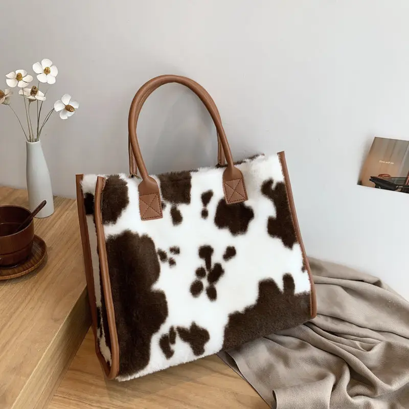 

2022 classic fashion eco-friendly wool print ladies tote bag women's new autumn winter plush shoulder bag handbag large capacity