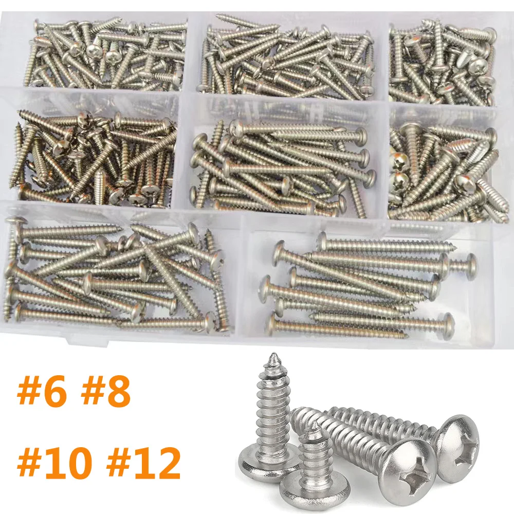 

275Pcs Self-tapping Screw #6 #8 #10 #12 A2 304 Stainless Steel Cross Phillips Round Pan Head Self Tapping Wood Screw Set Kit Box