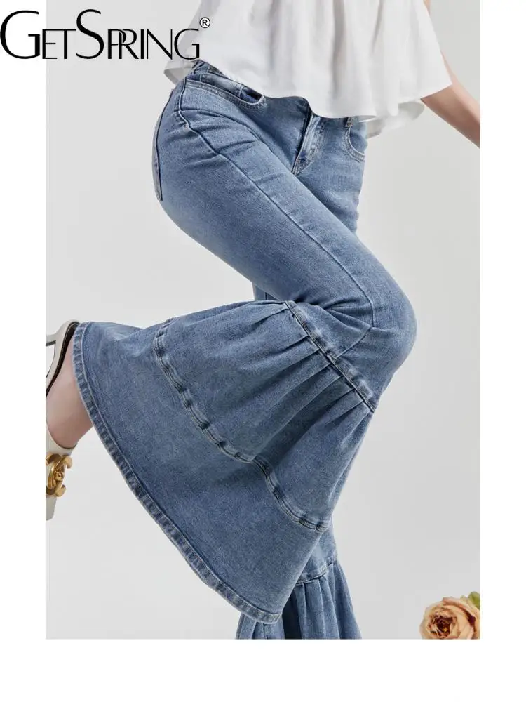 

GetSpring Women Denim Pants Fashion Hiphop High Waist Fish Tail Flare Jeans All Match Long Blue Denim Trousers 2022 New Arrival