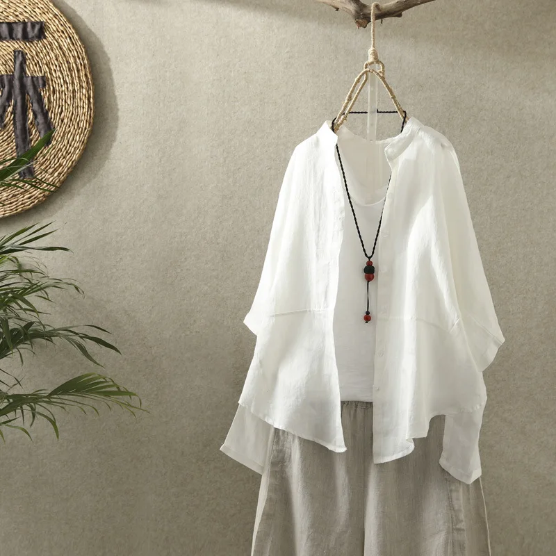 

Летняя новая Женская Стандартная рубашка с воротником-стойкой и рукавом до локтя, повседневные свободные универсальные хлопковые рубашки в стиле ретро, топы, рубашки