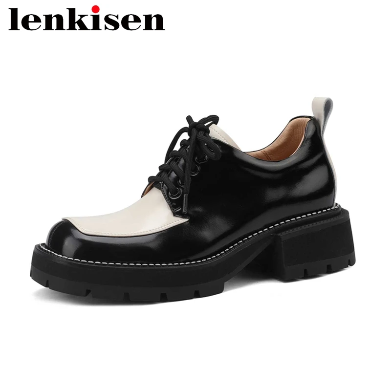 

Lenkisen Big Size Genuine Leather Round Toe High Heels British Style Mixed Color Young Lady Streetwear Lace Up Women Pumps L9f1