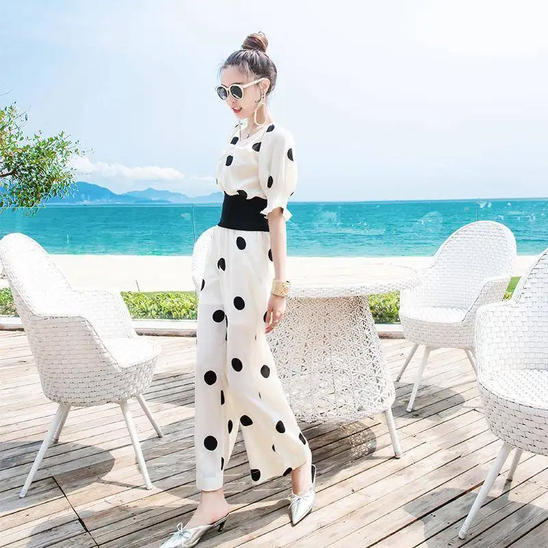 

2022 Women Summer New Polka Dot Suits Female Short Sleeve Print Tops + High Waist Wide-leg Pants Ladies Two-piece Sets R65