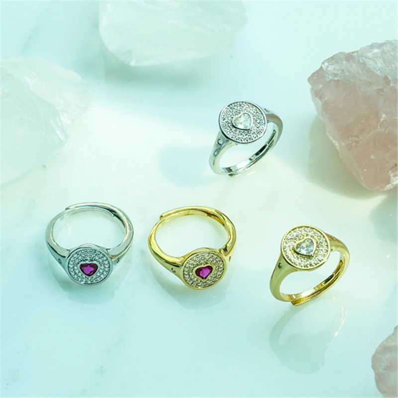 

HECHENG，Oval Heart Ring for Women, Micro Pave Open Adjustable Size Rings Fashion Women Jewelry