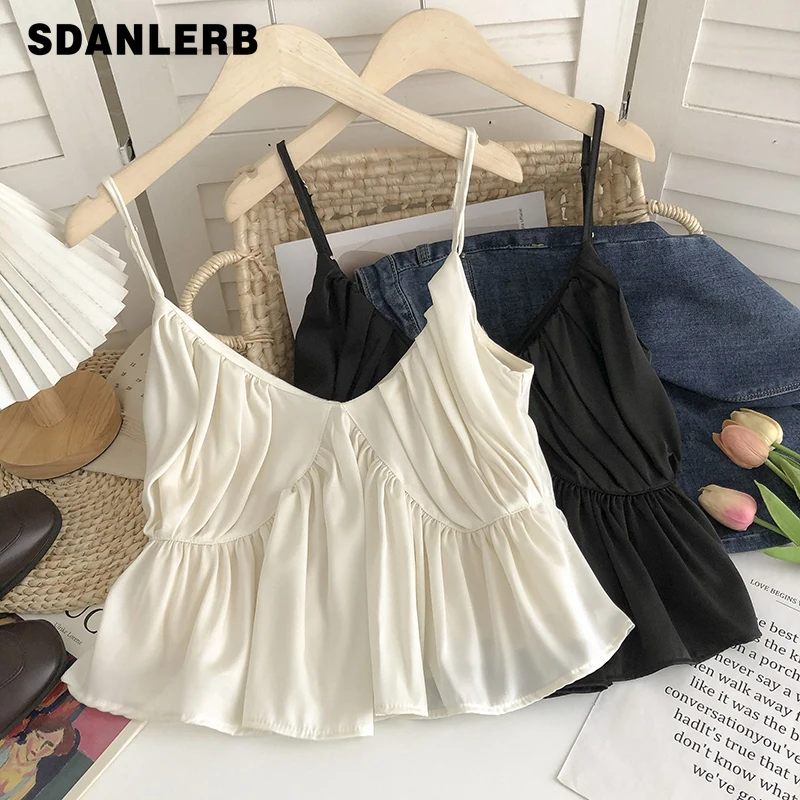 

2022 Summer New Korean Style Sweet Outer Wear Tank Tops Versatile V-neck Pleated Short Sleeveless Strap Bottoming Vest for Women