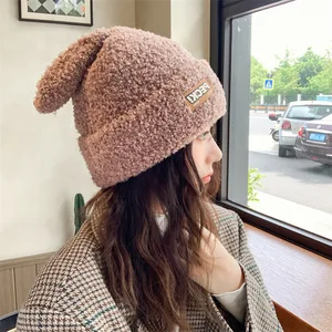 Autumn and Winter New Korean Alphabet Lamb Long Rabbit Ear Plush Knitted Hat Outdoor Riding Warm Pullover Hat HAT221208