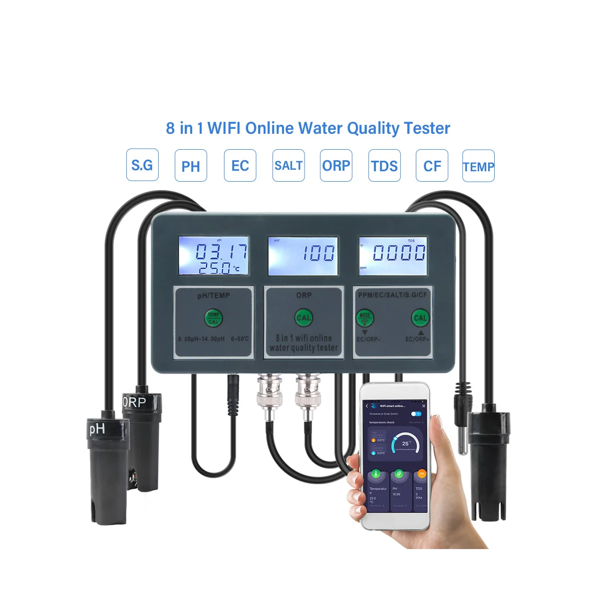 

8-in-1 Rechargeable Water Quality Tester Tool S.G PH EC Salt ORP TDS CF Temp Multi Parameter Test for Aquarium EU Plug