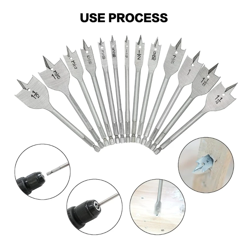 

13Pcs 1/4" to 1-1/2" Durable Woodworking Tool Flat Drill Long High-carbon Steel Wood Flat Drills Woodworking Spade Drill Bits