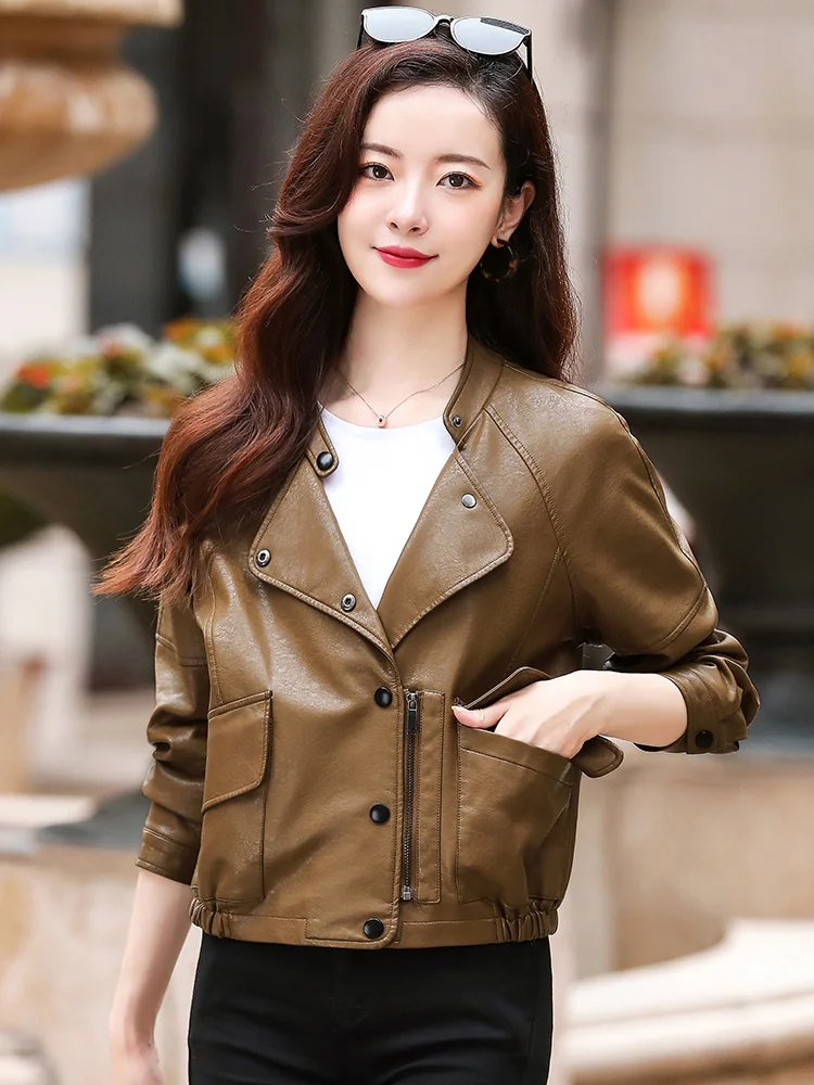 New Women Casual Leather Jacket Spring Autumn 2022 Fashion Stand Collar Zipper Short Sheepskin Coat Loose Moto&Biker Jacket