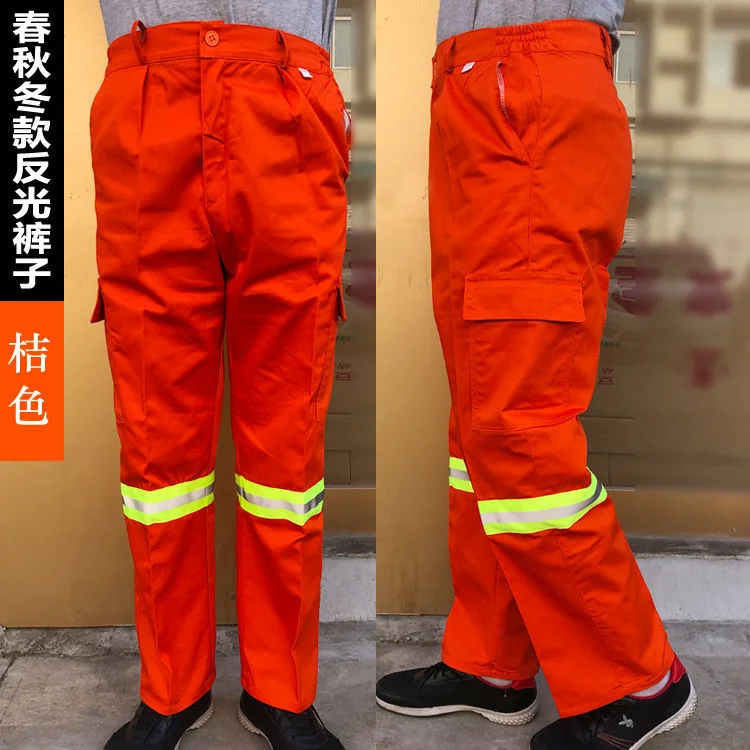 

Wear-resistant workout pants orange cotton overalls pants men casual loose HIPHOP pocket Reflective cargo pants for men