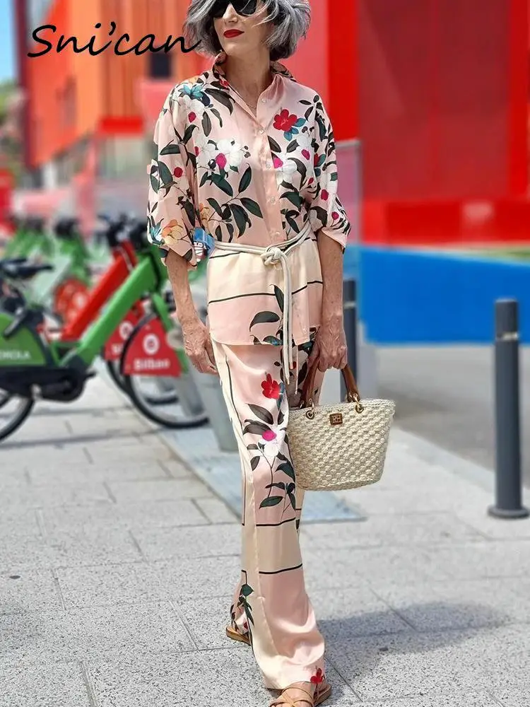 

Pink Floral Print Satin Pants Women Summer Elastic Waist Loose Casual Wide Leg Ladies Long Trousers Female Bottom Streetwear New