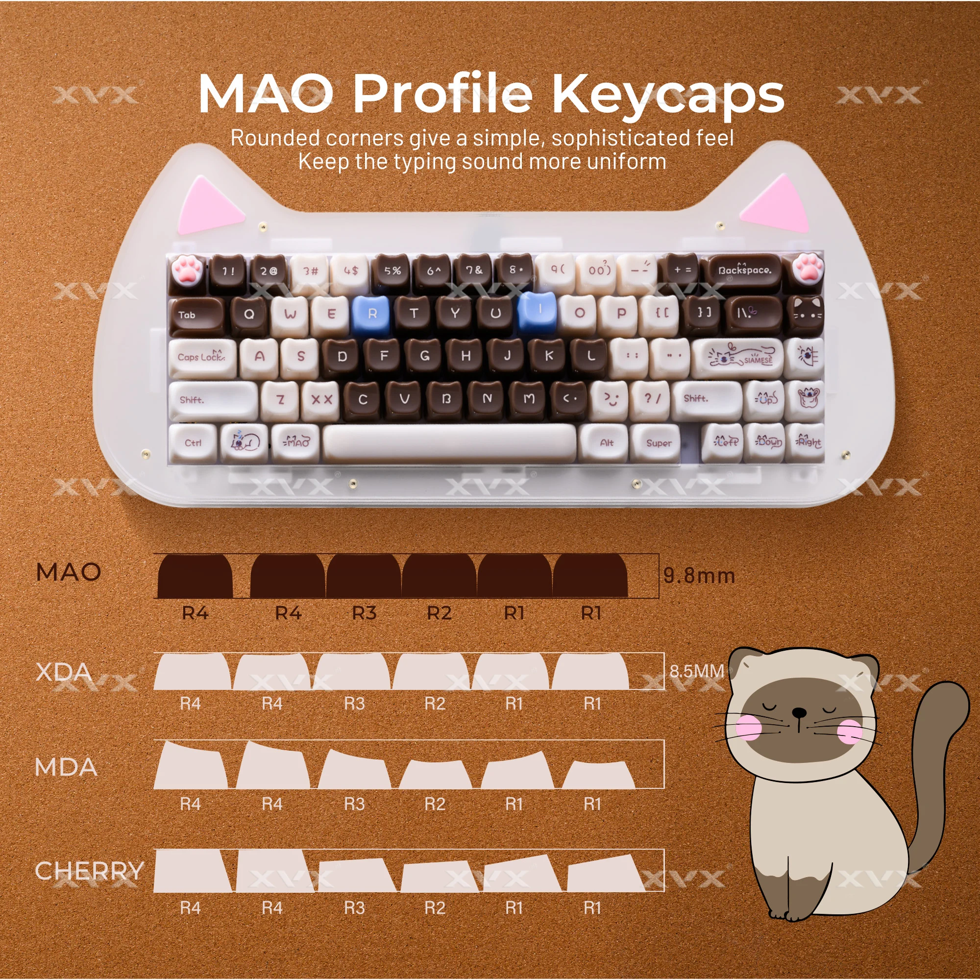 Фото Колпачки для клавиш XVX Brown Siamese Cat, профиль MAO, 148 клавиш, гладкие милые колпачки для клавиш 61 64 68 78 87 96 98 104 108 (только колпачки для клавиш) №3