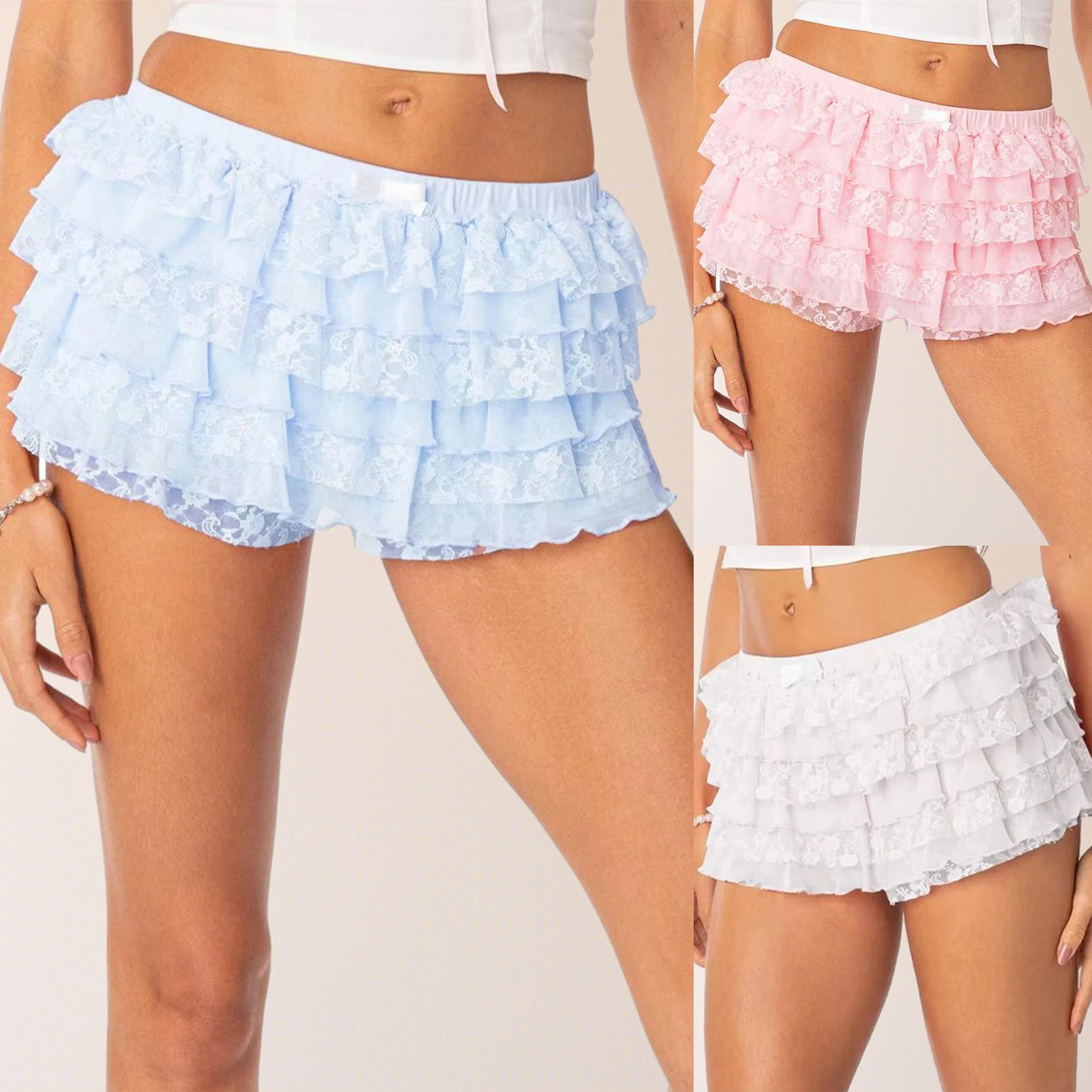 

Women Y2k Low Rise Skirt Asymmetrical Pleated Skater Skirt Casual Lace Layered Shorts Elastic Waist Shorts Party Beachwear