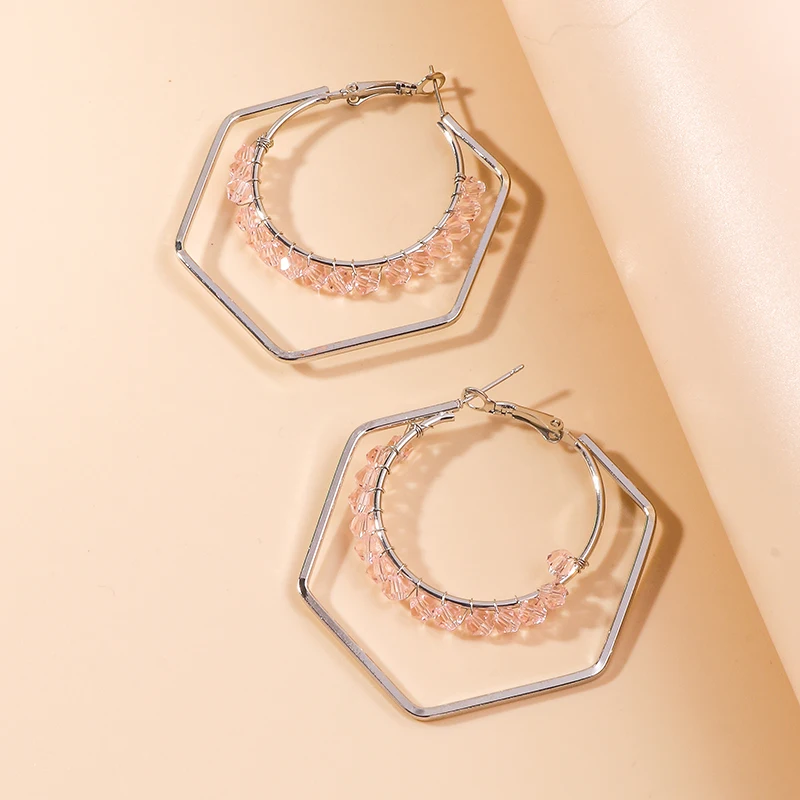 

New Pink Beads Big Hoop Earrings for Women Stainless Steel Exaggerates Oversize Circle Earrings Fashion Europe Nightclub Jewelry