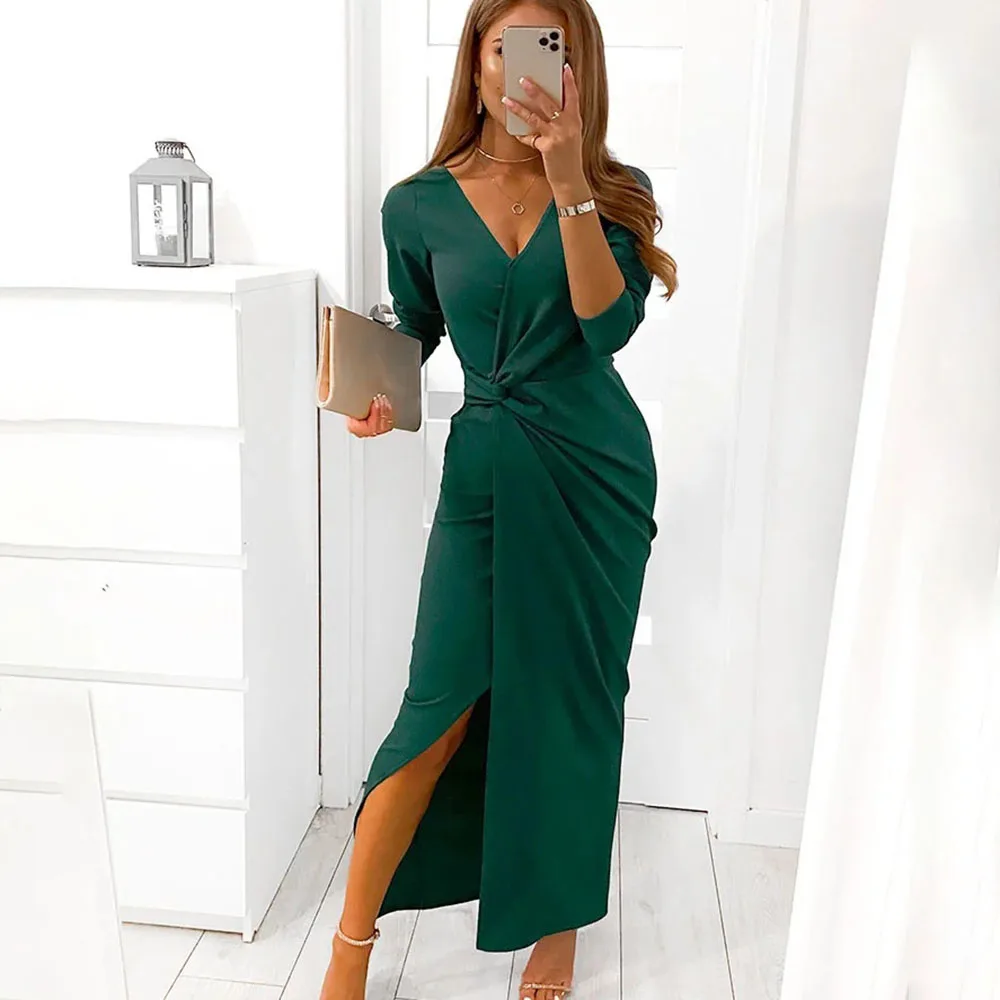 

Женское летнее элегантное платье-макси, изумрудно-зеленое платье-Русалка для выпускного вечера с V-образным вырезом и Боковым Разрезом, модное пляжное платье с длинными рукавами, модель 2023 года