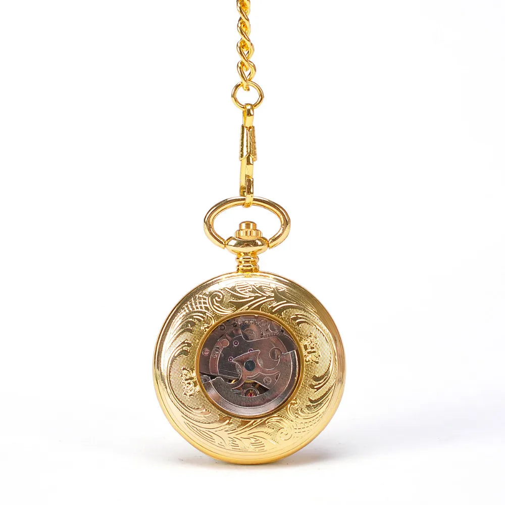 2 Pieces Luxury Vintage Mechanical Pocket Watch for Men Male Engraved Case Roman Numerals Dial Man Fob Chain Man Pendant Clock