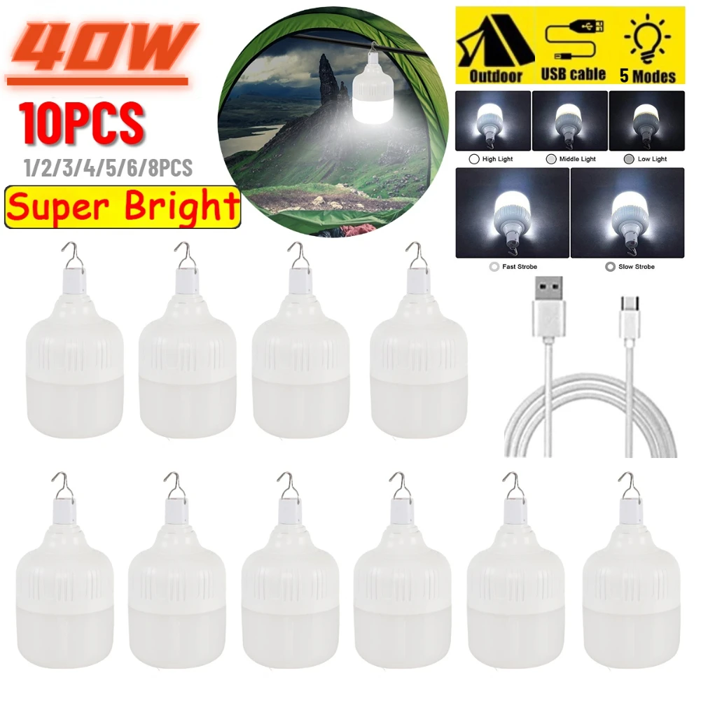 

1-10 sztuk 40W zewnętrzne światła awaryjne LED ładowane na USB Camping Light 5 trybów oświetlenie przenośna latarnia lampa