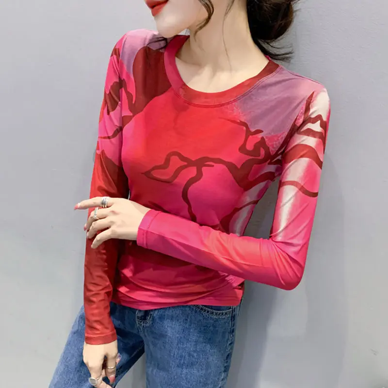 Женская футболка 2024 сетчатая облегающая Топ для женщин одежда с принтом