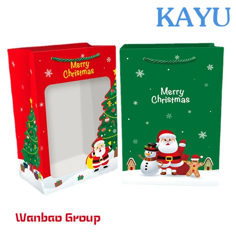 Cute Cartoon Design Paper Merry Christmas Themed Gifts Candy Packing Party Packaging Bags with clear window and handle