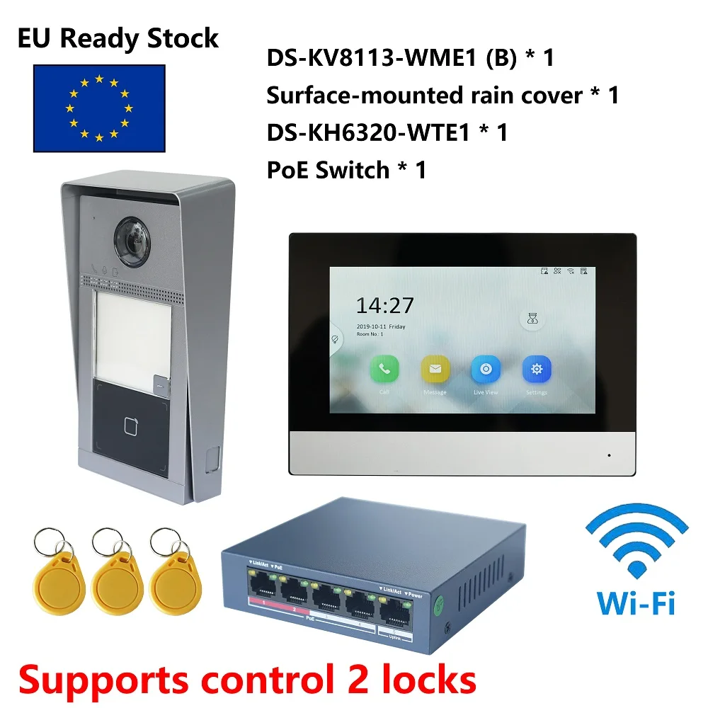 Цена HIK KIS604 многоязычный 802.3af POE комплект видеодомофона, включает DS-KV8113-WME1(B) и DS-KH6320-WTE1 и PoE переключатель