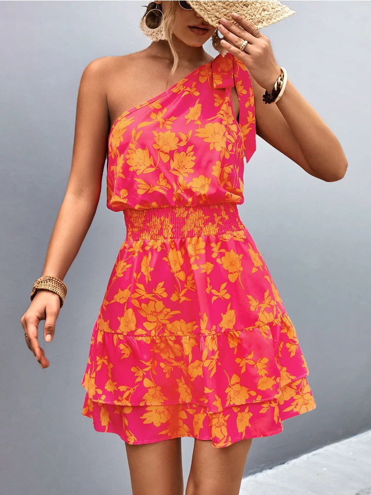 

Dresses for Women 2023 Summer New Sexy Dress Oblique Shoulder Printed Vintage Dress Leisure Women Clothing Sweet Summer Dress