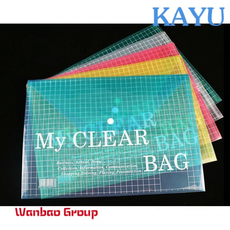 Best price custom PP stationery clear button file bag wholesale plastic file folder with fastener