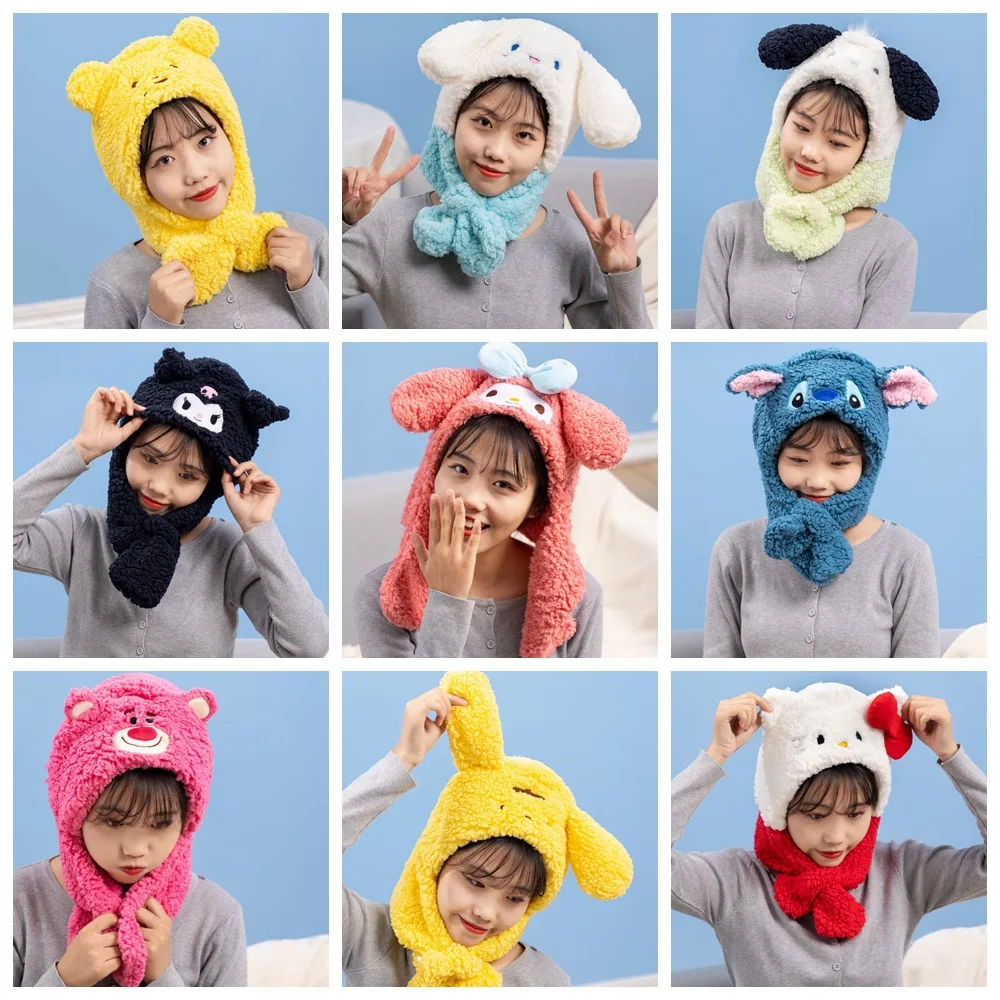 

Шапка и шарф из мультфильма Sanrio, комплект из двух предметов, утепленная теплая шапка для девочек и детей для защиты ушей, зимняя модная шапка...