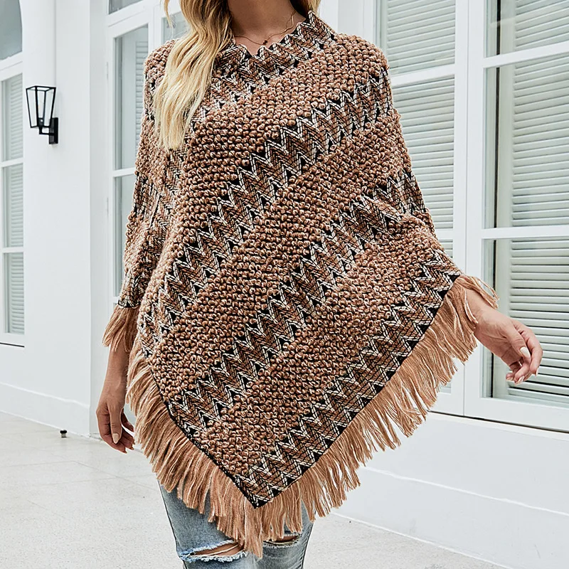 

2022 New Women Shawl Cape Sweater Autumn Winter Stripe Tassel Pullover Knitted Top