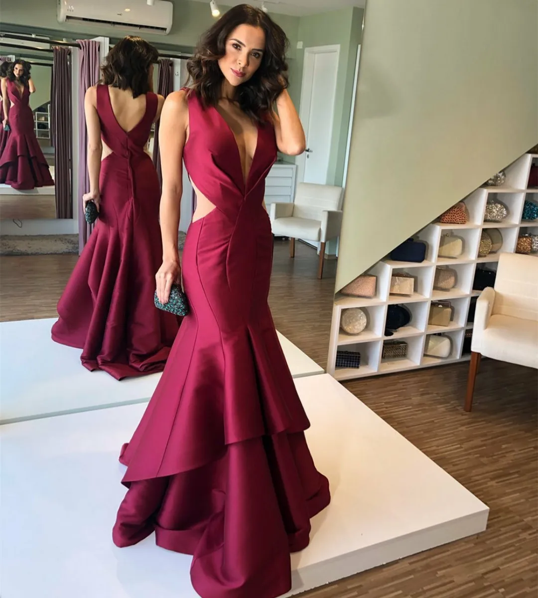 

Элегантные Длинные Бордовые атласные вечерние платья, плиссированные платья с V-образным вырезом и глубоким вырезом, женские платья для выпускного вечера
