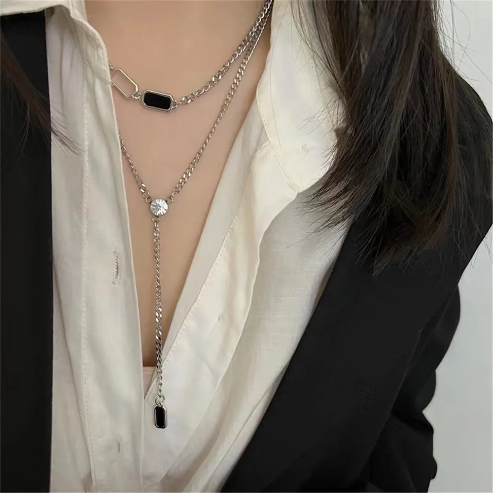 

2 шт./компл. черная квадратная подвеска, Двухслойное ожерелье из нержавеющей стали для женщин и мужчин, серебряная цепочка до ключиц, ожерель...