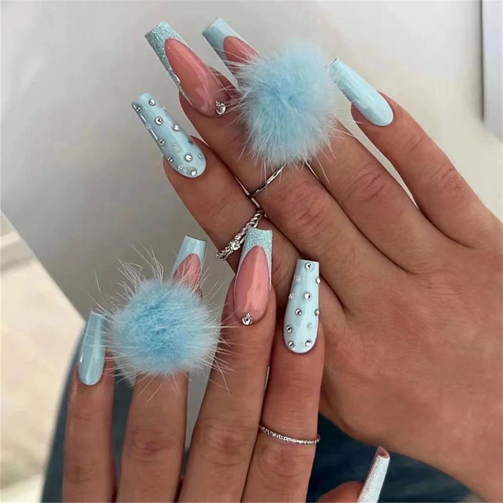 Autumn Winter New Fake Nails Press On Nails Cute Blue Hairball Long Ballerina False Nails With Designs French Coffin Nail Tips