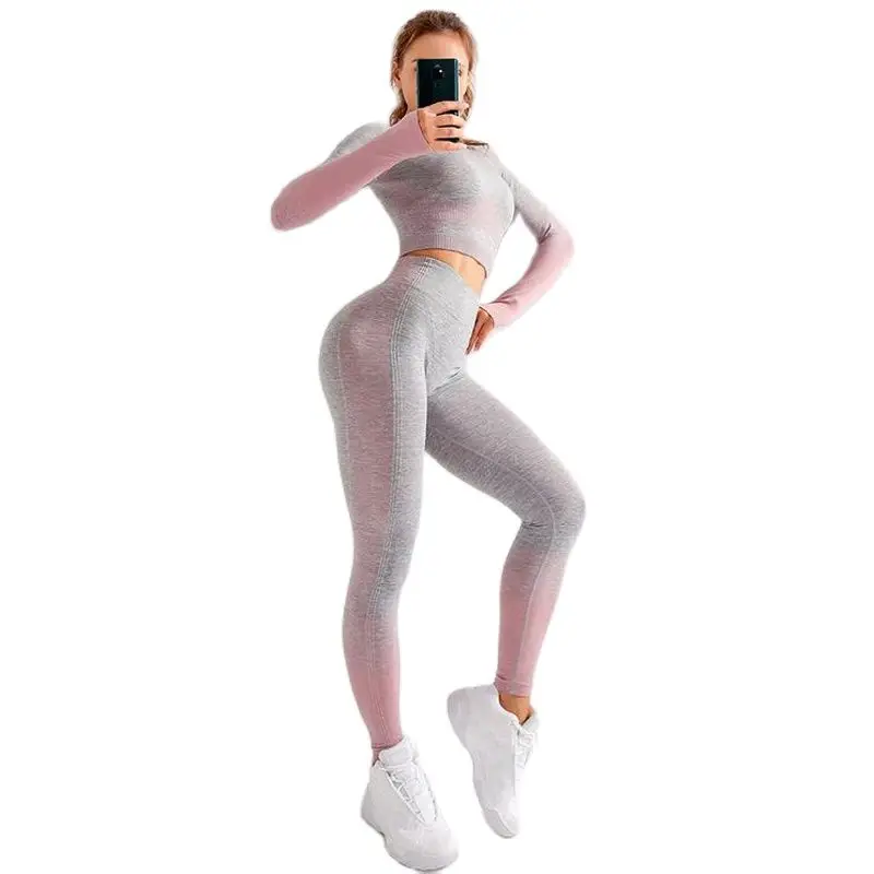 

New 2 Pieces Gym Set Workout Clothes For Women Fitness Long Sleeve Crop Top Seamless Scrunch Butt Leggings Yoga Sport Suits