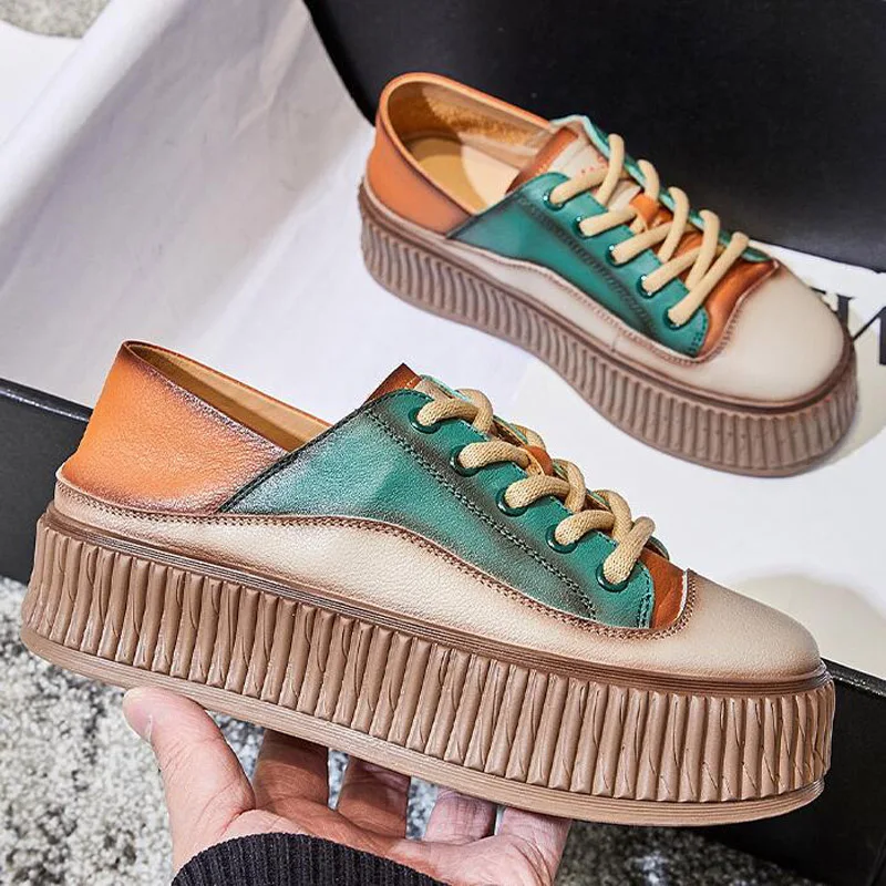 

Women's Flat Platform Genuine Leather Casual Shoes Spring New 2022 Old Retro Fashion National Style Sneakers Women's Shoes