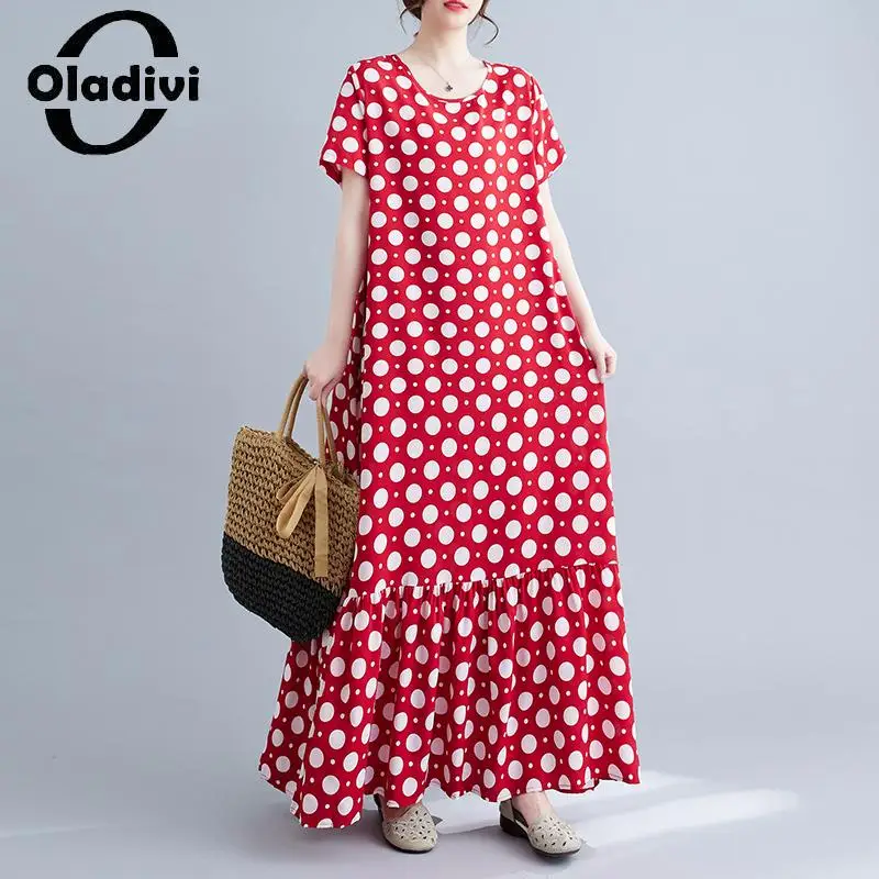 Oladivi Fashion Women Polk Dot Pirnt Long Bohemian Dress 2023 Summer New Casual Loose Boho Dresses Ladies Oversize Clothing 9011